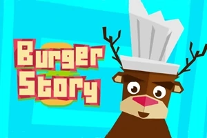 푸른 배경 위에 셰프 모자를 쓴 사슴 캐릭터와 Burger Story라는 텍스트가 나타나 있습니다