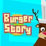 푸른 배경 위에 셰프 모자를 쓴 사슴 캐릭터와 Burger Story라는 텍스트가 나타나 있습니다