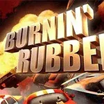 커다란 폭발을 배경으로 자동차들이 배치된 장면과 중앙에 BURNIN RUBBER라는 글자가 있는 이미지