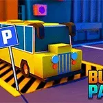 노란색 버스가 주차 공간에 주차되어 있고 버스 파킹이라는 텍스트가 있는 이미지