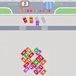 도로 위에 다양한 색상의 자동차들이 정렬되어 있고 아래쪽에는 여러 대의 자동차들이 무리지어 있는 모습