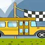 노란색 버스가 체크 무늬 깃발 앞에 있는 모습