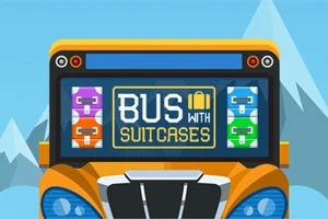 오렌지색 버스 전면에 BUS WITH SUITCASES 문구와 양옆으로 다채로운 여행 가방 아이콘이 있는 이미지