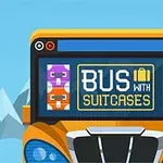 오렌지색 버스 전면에 BUS WITH SUITCASES 문구와 양옆으로 다채로운 여행 가방 아이콘이 있는 이미지