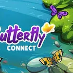 다양한 색상의 나비들이 잔잔한 물가 주변을 날고 있는 모습과 Butterfly Connect라는 문구