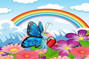파란 나비가 무지개 아래 꽃밭에서 작은 빨간 물뿌리개를 들고 있는 모습