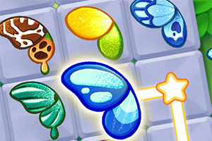 색색의 나비 날개 조각들이 바둑판 무늬 배경 위에 놓여 있고, 노란 별 모양 아이콘이 강조되어 있다