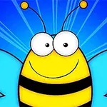 큰 눈과 파란 날개를 가진 귀여운 만화 스타일의 꿀벌 이미지