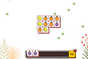 과일과 채소 그림이 있는 타일이 격자 형태로 배치되어 있고, 하단에는 선택된 타일 목록과 득점 표시가 있습니다