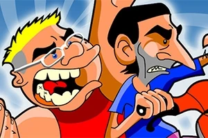 두 캐릭터가 만화 스타일로 서로 등을 맞대고 있는 모습