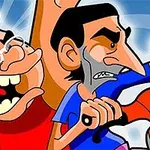 두 캐릭터가 만화 스타일로 서로 등을 맞대고 있는 모습