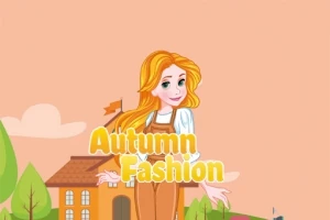 오렌지 배경 앞에 금발 머리의 여성이 갈색 멜빵 바지를 입고 서 있으며, 이미지 중앙에 Autumn Fashion이라는 글자가 있다