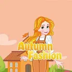 오렌지 배경 앞에 금발 머리의 여성이 갈색 멜빵 바지를 입고 서 있으며, 이미지 중앙에 Autumn Fashion이라는 글자가 있다
