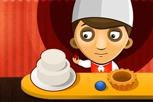 빨간 조끼와 흰 모자를 쓴 캐릭터가 케이크와 붉은 공, 파란 공 옆에서 서 있는 모습