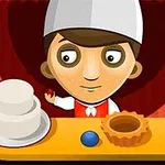 빨간 조끼와 흰 모자를 쓴 캐릭터가 케이크와 붉은 공, 파란 공 옆에서 서 있는 모습