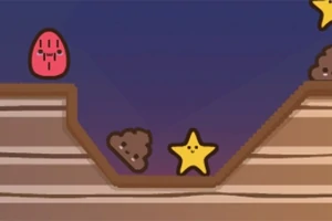 별과 과일 모양의 캐릭터들이 나무 배경 위에 있는 장면