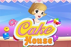 금발 머리의 캐릭터가 여러 색상의 디저트를 들고 있는 그림과 Cake House라는 문구가 있는 이미지