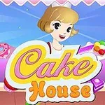 금발 머리의 캐릭터가 여러 색상의 디저트를 들고 있는 그림과 Cake House라는 문구가 있는 이미지