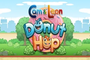 핑크색 도넛 앞에 웃고 있는 파란색과 갈색 캐릭터와 Cam & Leon Donut Hop이라는 글자가 있는 밝은 만화 배경