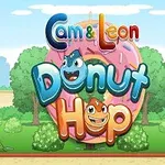 핑크색 도넛 앞에 웃고 있는 파란색과 갈색 캐릭터와 Cam & Leon Donut Hop이라는 글자가 있는 밝은 만화 배경