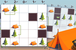그리드 위에 텐트와 나무가 배치된 퍼즐 게임 보드 이미지