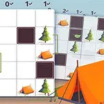 그리드 위에 텐트와 나무가 배치된 퍼즐 게임 보드 이미지