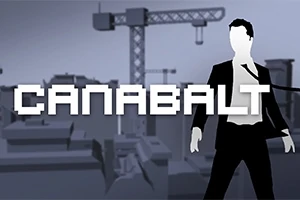 회색 음영의 도시 배경 앞에 서 있는 양복 입은 남성과 큰 글자로 CANABALT가 쓰여진 이미지