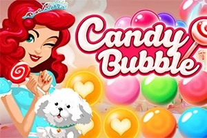 빨간 머리의 여성이 사탕을 들고 강아지와 함께 서 있으며, 배경에는 여러 색상의 풍선과 Candy Bubble이라는 글자가 있다