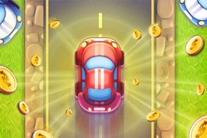 빨간 차가 도로를 주행하며 주변에 금색 동전이 흩어져 있는 모습