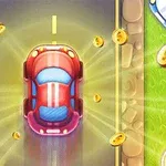 빨간 차가 도로를 주행하며 주변에 금색 동전이 흩어져 있는 모습