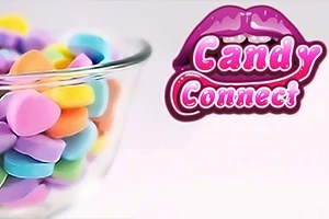 유리 그릇에 담긴 여러 색상의 하트 모양 사탕과 왼쪽 상단에 입술과 Candy Connect라는 글자가 있는 로고