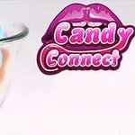 유리 그릇에 담긴 여러 색상의 하트 모양 사탕과 왼쪽 상단에 입술과 Candy Connect라는 글자가 있는 로고