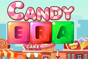 알록달록한 사탕과 케이크 가게가 있는 배경에 CANDY ERA라는 글자가 크게 중앙에 있는 이미지