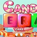 알록달록한 사탕과 케이크 가게가 있는 배경에 CANDY ERA라는 글자가 크게 중앙에 있는 이미지