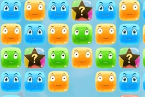 웃는 얼굴이 있는 파란색, 주황색, 녹색 블록이 그려진 그리드 이미지입니다