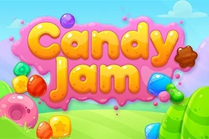 밝은 색상의 캔디와 알록달록한 배경 속에 Candy Jam이라는 글자가 있는 이미지