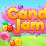 밝은 색상의 캔디와 알록달록한 배경 속에 Candy Jam이라는 글자가 있는 이미지