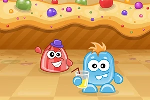 빨간 모자를 쓴 빨간 젤리 캐릭터와 노란색 음료를 마시고 있는 파란 젤리 캐릭터가 있는 알록달록한 배경의 이미지