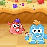 빨간 모자를 쓴 빨간 젤리 캐릭터와 노란색 음료를 마시고 있는 파란 젤리 캐릭터가 있는 알록달록한 배경의 이미지