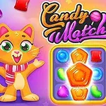 양쪽에 귀여운 고양이와 강아지가 있는 알록달록한 사탕 조합 이미지