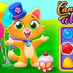 알록달록한 배경 앞에 모자를 쓴 고양이와 사탕 모양 아이콘들이 있는 퍼즐 보드