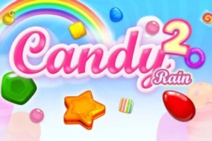 무지개 배경에 다양한 모양과 색상의 사탕들이 떠다니고 Candy 2 Rain이라는 텍스트가 중앙에 위치한 이미지