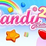 무지개 배경에 다양한 모양과 색상의 사탕들이 떠다니고 Candy 2 Rain이라는 텍스트가 중앙에 위치한 이미지