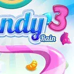 색색의 사탕과 무지개 색 구름이 배경으로 있는 Candy Rain 3라는 글자가 중앙에 있는 이미지