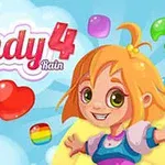 알록달록한 사탕과 웃고 있는 어린 소녀의 캐릭터가 있는 밝은 하늘 배경