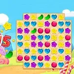 알록달록한 하트, 별, 젤리 모양이 격자에 배열되어 있는 이미지로, 배경에 무지개와 사탕이 있습니다