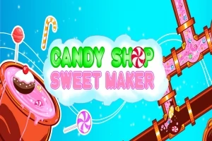 파란 배경에 달콤한 사탕과 디저트와 함께 CANDY SHOP SWEET MAKER라는 알록달록한 글자와 사탕, 파이프가 있는 이미지