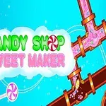 파란 배경에 달콤한 사탕과 디저트와 함께 CANDY SHOP SWEET MAKER라는 알록달록한 글자와 사탕, 파이프가 있는 이미지