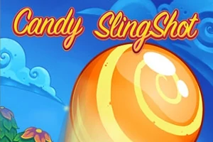 오렌지색 사탕 공과 함께 Candy Slingshot라는 문구가 푸른 하늘과 구름을 배경으로 놓여 있다