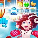 배경에 다양한 색상의 사탕과 함께 하늘색 옷을 입은 소녀가 있는 밝고 화려한 이미지